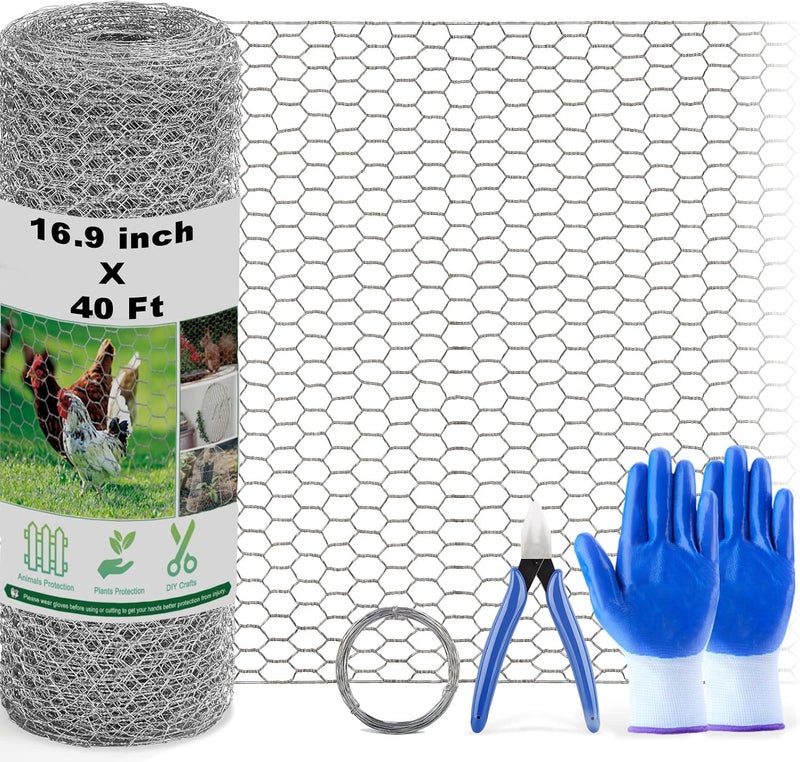 Fabulas Chicken Wire Fencing Mesh, 16.9 Inch x 40 Feet Metal Floral Chicken Wire Fence for Crafts Poultry Garden, 0.6 Inch Hexagonal Galvanized Hardware Cloth Netting for Chicken Coop Barrier Rabbit Cage - Image 1